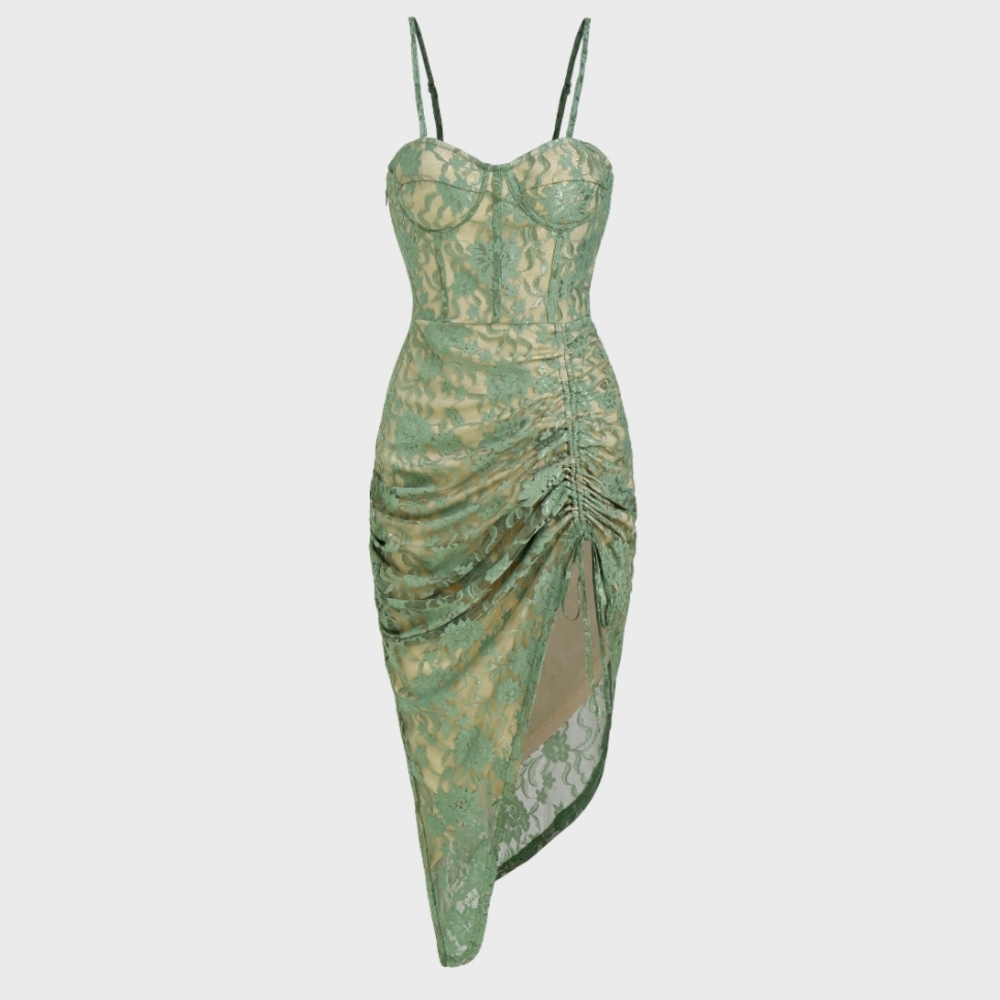 Lace Ruched Midi Dress